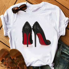 Load image into Gallery viewer, Newest watercolor high heels shoes print vogue t shirt femme funny t shirt women 90s hip hop punk shirt hipster streetwear