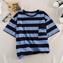 Load image into Gallery viewer, Korean Women shirts letters stripe Kawaii tops O-Neck All-match Students t-shirts autumn Harajuku Loose Clothing Casual T shirt