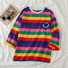 Load image into Gallery viewer, Korean Women shirts letters stripe Kawaii tops O-Neck All-match Students t-shirts autumn Harajuku Loose Clothing Casual T shirt